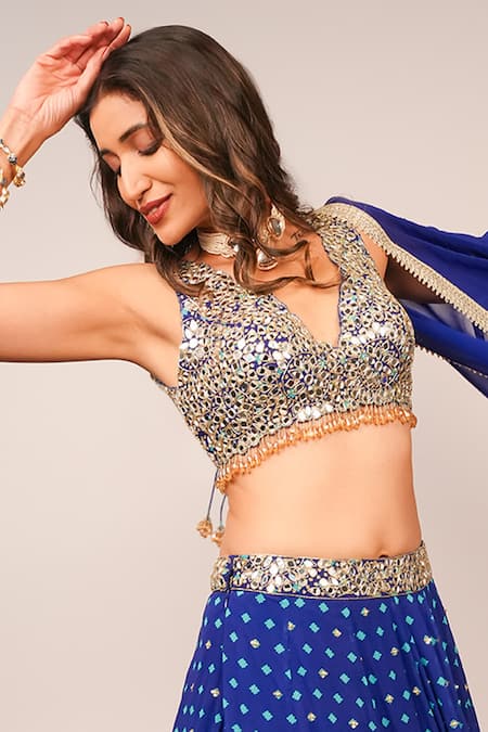 Sajeda A Lehry_Blue Silk, Georgette, Crepe Sequins, Embroidery V-neck Nazakat Lehenga Set _Online_at_Aza_Fashions