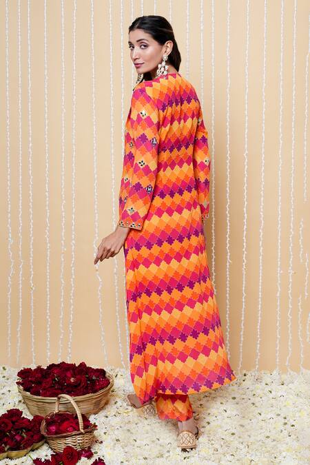Shop_Sajeda A Lehry_Orange Silk, Crepe Embroidery V-neck Designer Hand Kurta Set _Online_at_Aza_Fashions