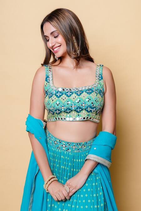 Sajeda A Lehry Blue Silk, Georgette Sequins Square Aaraish Green Hand Embroidered Lehenga Set Online at Aza Fashions Sajeda A Lehry_Blue Silk, Georgette Sequins Square Aaraish Green Hand Embroidered Lehenga Set _Online_at_Aza_Fashions