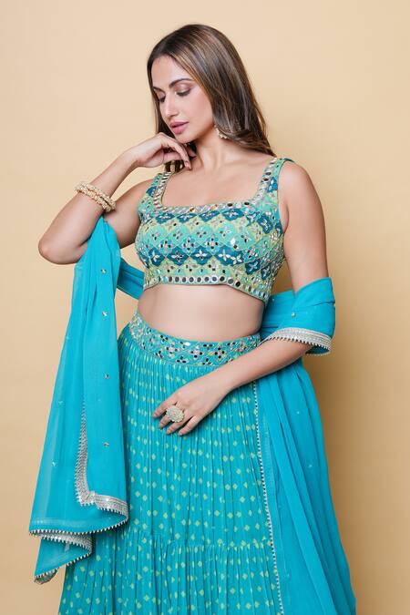 Shop Sajeda A Lehry Blue Silk, Georgette Sequins Square Aaraish Green Hand Embroidered Lehenga Set Online at Aza Fashions Shop_Sajeda A Lehry_Blue Silk, Georgette Sequins Square Aaraish Green Hand Embroidered Lehenga Set _Online_at_Aza_Fashions