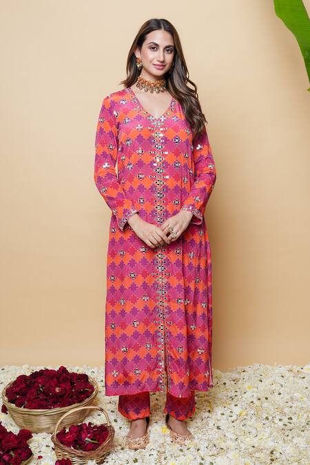 Sajeda A Lehry_Multi Color Silk, Crepe Embroidery Designer Digital Print Kurta And Pant Set _Online_at_Aza_Fashions
