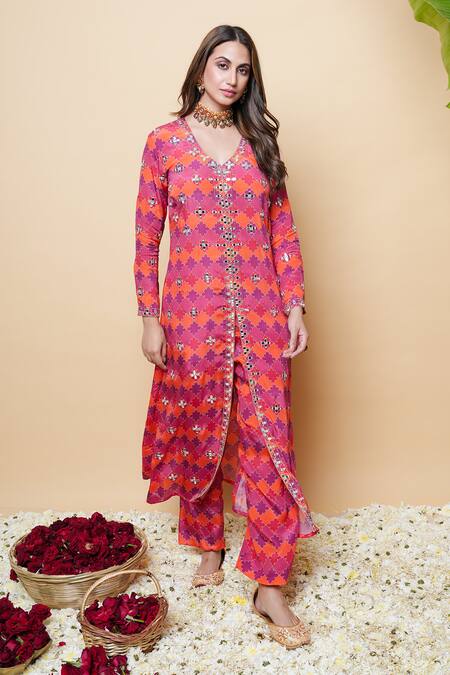 Buy_Sajeda A Lehry_Multi Color Silk, Crepe Embroidery Designer Digital Print Kurta And Pant Set _Online_at_Aza_Fashions