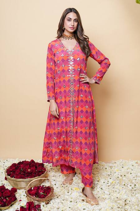 Shop_Sajeda A Lehry_Multi Color Silk, Crepe Embroidery Designer Digital Print Kurta And Pant Set _Online_at_Aza_Fashions