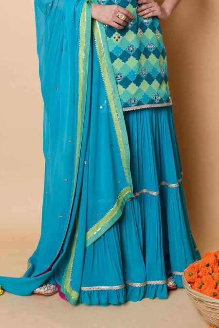 Sajeda A Lehry_Blue Silk, Georgette Embroidery, Sequins Square Digital Print Kurta Sharara Set _Online_at_Aza_Fashions