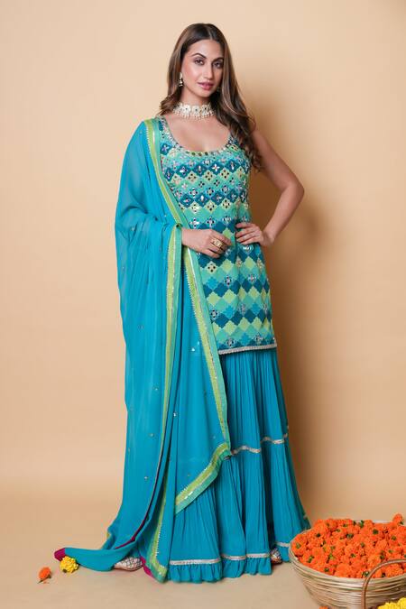 Buy_Sajeda A Lehry_Blue Silk, Georgette Embroidery, Sequins Square Digital Print Kurta Sharara Set _Online_at_Aza_Fashions