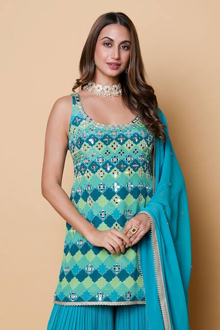 Shop_Sajeda A Lehry_Blue Silk, Georgette Embroidery, Sequins Square Digital Print Kurta Sharara Set _Online_at_Aza_Fashions