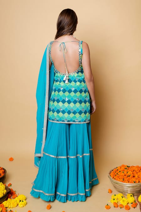 Shop_Sajeda A Lehry_Blue Silk, Georgette Embroidery, Sequins Square Digital Print Kurta Sharara Set _at_Aza_Fashions
