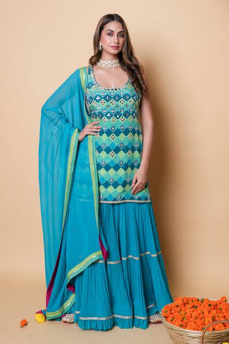 Sajeda A Lehry_Blue Silk, Georgette Embroidery, Sequins Square Digital Print Kurta Sharara Set _at_Aza_Fashions