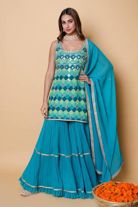 Buy_Sajeda A Lehry_Blue Silk, Georgette Embroidery, Sequins Square Digital Print Kurta Sharara Set 