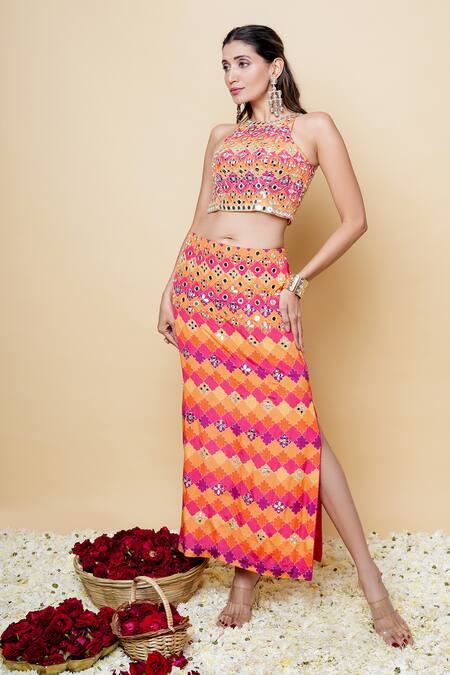 Sajeda A Lehry Multi Color Silk, Crepe Embroidery Round Neck Hand Crop Top And Skirt Online at Aza Fashions Sajeda A Lehry_Multi Color Silk, Crepe Embroidery Round Neck Hand Crop Top And Skirt _Online_at_Aza_Fashions