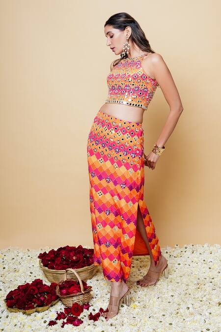 Shop Sajeda A Lehry Multi Color Silk, Crepe Embroidery Round Neck Hand Crop Top And Skirt Online at Aza Fashions Shop_Sajeda A Lehry_Multi Color Silk, Crepe Embroidery Round Neck Hand Crop Top And Skirt _Online_at_Aza_Fashions