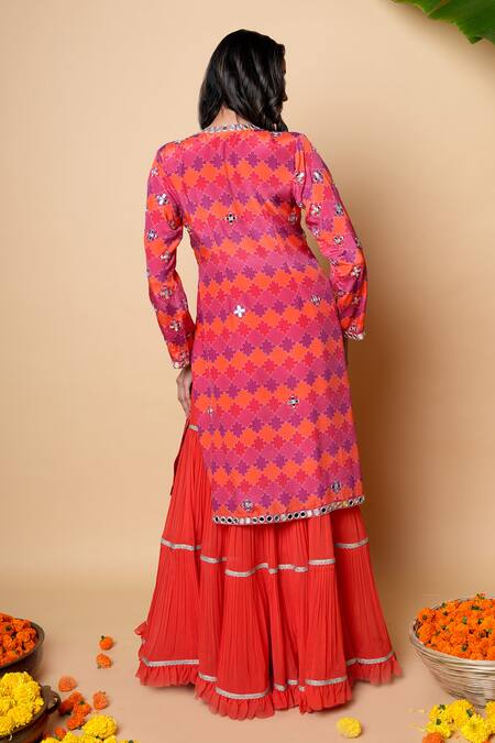 Sajeda A Lehry_Red Silk, Georgette Ruffles, Embroidery V-neck Multi Color Hand Sharara Set _Online_at_Aza_Fashions