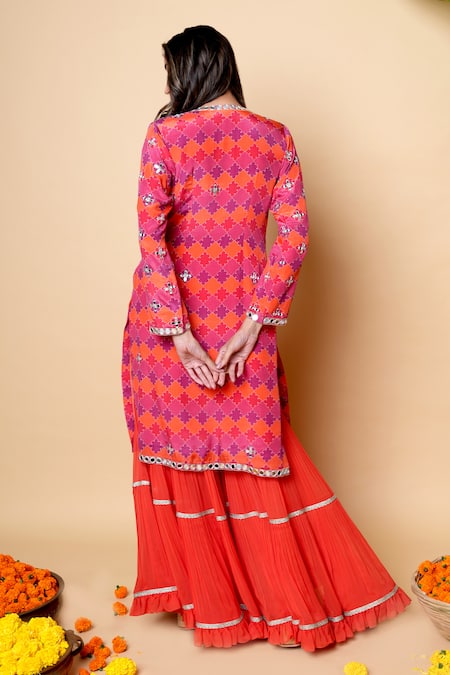 Shop_Sajeda A Lehry_Red Silk, Georgette Ruffles, Embroidery V-neck Multi Color Hand Sharara Set _at_Aza_Fashions