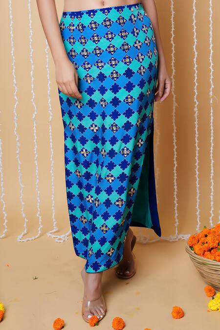 Sajeda A Lehry_Blue Silk, Crepe Embroidery Halter Neck Digital Print Crop Top And Skirt Set _Online_at_Aza_Fashions