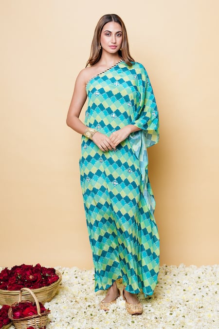 Sajeda A Lehry Multi Color Silk, Crepe Embroidery One Shoulder Digital Print Kaftan Online at Aza Fashions Sajeda A Lehry_Multi Color Silk, Crepe Embroidery One Shoulder Digital Print Kaftan _Online_at_Aza_Fashions