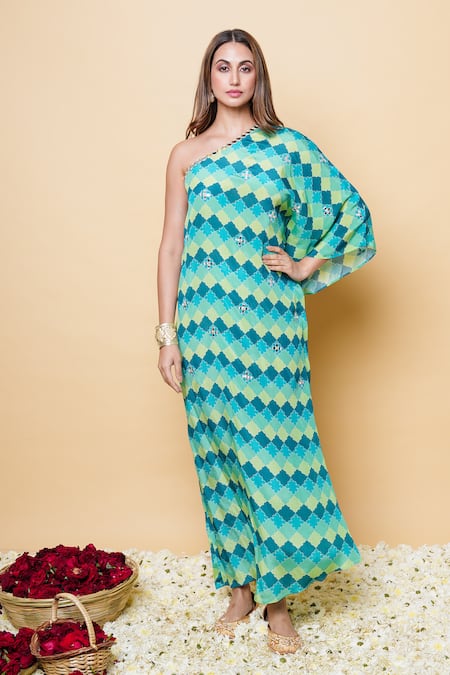 Sajeda A Lehry Green Silk, Crepe Embroidery One Shoulder Digital Print Hand Kaftan 