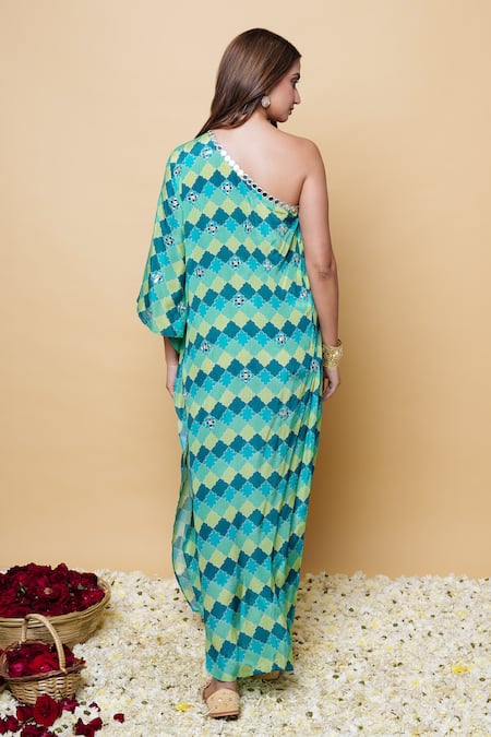 Shop Sajeda A Lehry Multi Color Silk, Crepe Embroidery One Shoulder Digital Print Kaftan at Aza Fashions Shop_Sajeda A Lehry_Multi Color Silk, Crepe Embroidery One Shoulder Digital Print Kaftan _at_Aza_Fashions