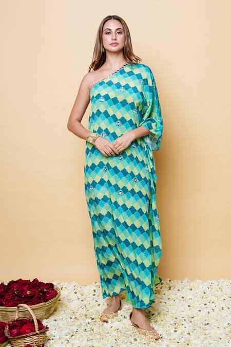 Buy Sajeda A Lehry Multi Color Silk, Crepe Embroidery One Shoulder Digital Print Kaftan Online at Aza Fashions Buy_Sajeda A Lehry_Multi Color Silk, Crepe Embroidery One Shoulder Digital Print Kaftan _Online_at_Aza_Fashions