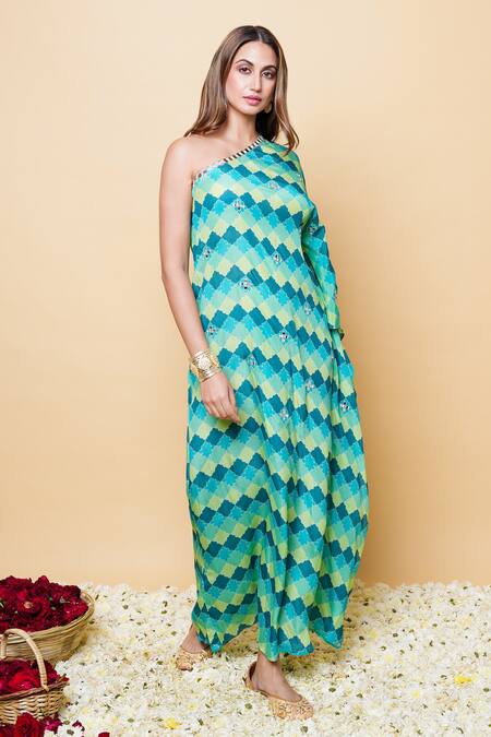 Shop Sajeda A Lehry Multi Color Silk, Crepe Embroidery One Shoulder Digital Print Kaftan Online at Aza Fashions Shop_Sajeda A Lehry_Multi Color Silk, Crepe Embroidery One Shoulder Digital Print Kaftan _Online_at_Aza_Fashions