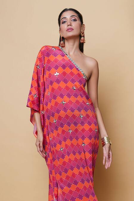 Sajeda A Lehry Multi Color Silk, Crepe Embroidery One Shoulder Hand Digital Print Kaftan Online at Aza Fashions Sajeda A Lehry_Multi Color Silk, Crepe Embroidery One Shoulder Hand Digital Print Kaftan _Online_at_Aza_Fashions