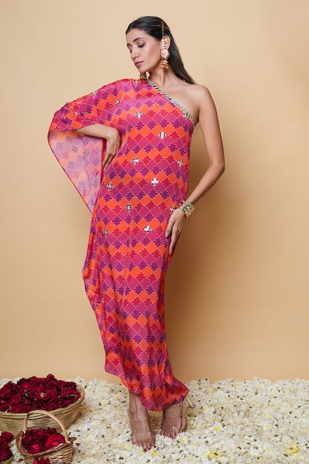 Sajeda A Lehry Red Silk, Crepe Embroidery Asymmetric Hand Kaftan 
