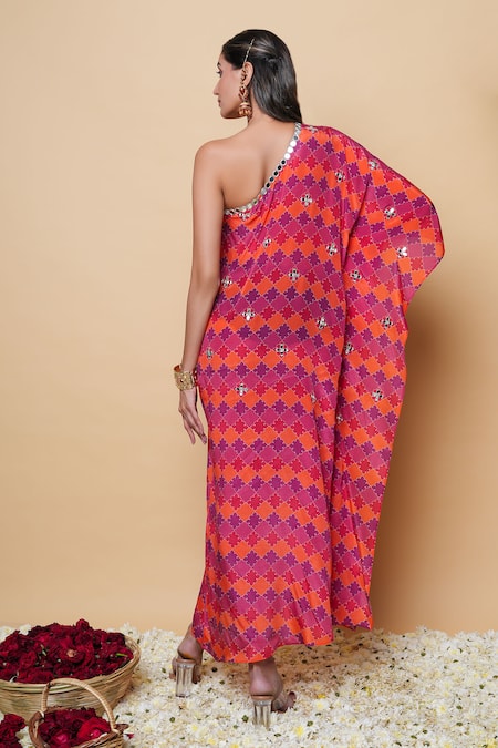 Shop Sajeda A Lehry Multi Color Silk, Crepe Embroidery One Shoulder Hand Digital Print Kaftan at Aza Fashions Shop_Sajeda A Lehry_Multi Color Silk, Crepe Embroidery One Shoulder Hand Digital Print Kaftan _at_Aza_Fashions