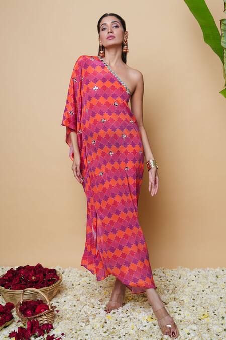 Buy Sajeda A Lehry Multi Color Silk, Crepe Embroidery One Shoulder Hand Digital Print Kaftan Online at Aza Fashions Buy_Sajeda A Lehry_Multi Color Silk, Crepe Embroidery One Shoulder Hand Digital Print Kaftan _Online_at_Aza_Fashions