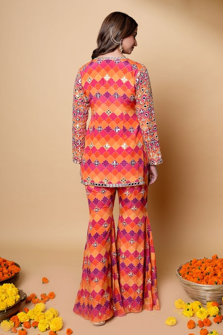 Shop_Sajeda A Lehry_Multi Color Silk, Georgette Sequins, Embroidery V-neck Hand Sharara Set _at_Aza_Fashions