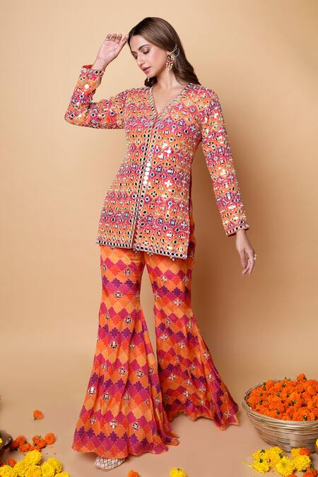 Buy_Sajeda A Lehry_Multi Color Silk, Georgette Sequins, Embroidery V-neck Hand Sharara Set _Online_at_Aza_Fashions