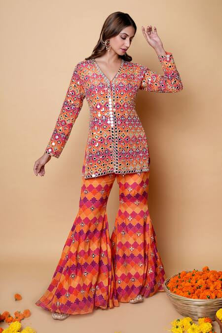 Shop_Sajeda A Lehry_Multi Color Silk, Georgette Sequins, Embroidery V-neck Hand Sharara Set _Online_at_Aza_Fashions