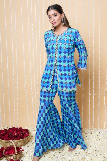 Sajeda A Lehry_Blue Silk, Georgette, Crepe Embroidery Round Digital Print Mehek Sharara Set_Online_at_Aza_Fashions