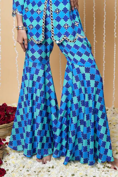 Buy_Sajeda A Lehry_Blue Silk, Georgette, Crepe Embroidery Round Digital Print Mehek Sharara Set_Online_at_Aza_Fashions