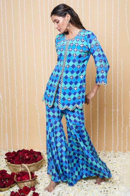 Shop_Sajeda A Lehry_Blue Silk, Georgette, Crepe Embroidery Round Digital Print Mehek Sharara Set_Online_at_Aza_Fashions