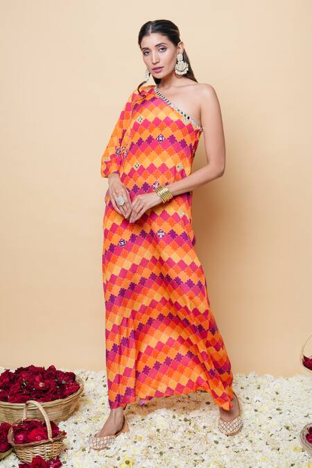 Sajeda A Lehry_Orange Silk, Crepe Embroidery Asymmetric Hand Kaftan _Online_at_Aza_Fashions