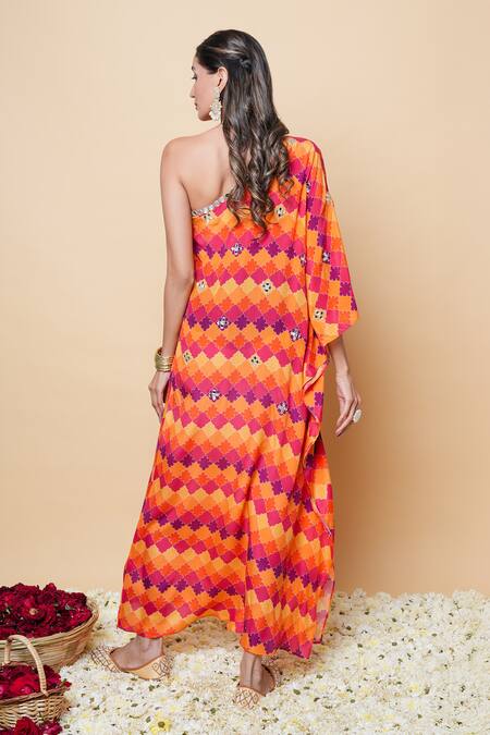 Buy_Sajeda A Lehry_Orange Silk, Crepe Embroidery Asymmetric Hand Kaftan _Online_at_Aza_Fashions