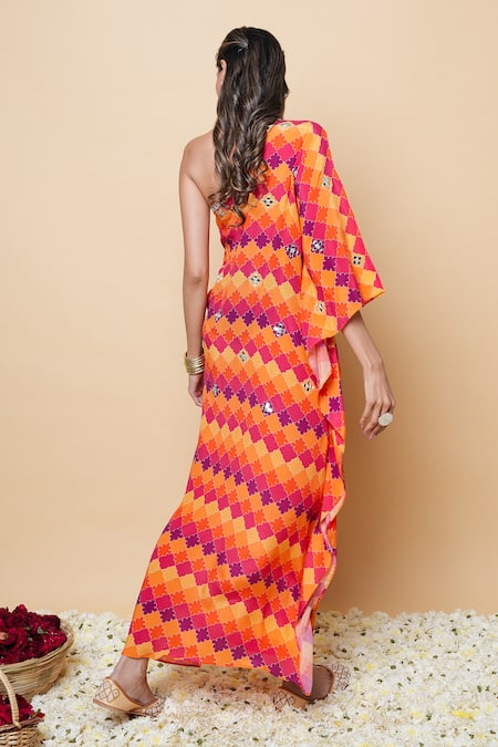 Shop_Sajeda A Lehry_Orange Silk, Crepe Embroidery Asymmetric Hand Kaftan _at_Aza_Fashions