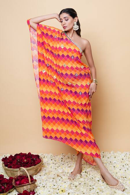 Shop_Sajeda A Lehry_Orange Silk, Crepe Embroidery Asymmetric Hand Kaftan _Online_at_Aza_Fashions