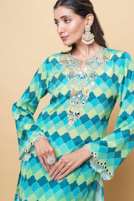 Shop Sajeda A Lehry Multi Color Silk, Crepe Embroidery Round Neck Hand Digital Print Kurta Set Online at Aza Fashions Shop_Sajeda A Lehry_Multi Color Silk, Crepe Embroidery Round Neck Hand Digital Print Kurta Set _Online_at_Aza_Fashions
