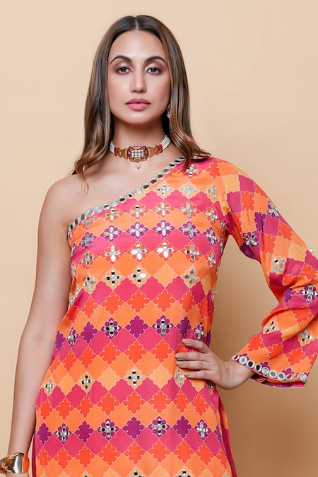 Sajeda A Lehry_Red Silk, Georgette Embroidery One Shoulder Designer Kurta And Sharara Set _Online_at_Aza_Fashions