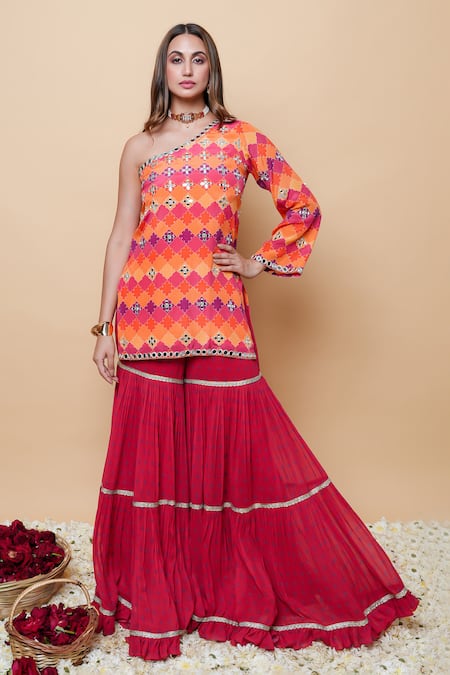 Sajeda A Lehry Orange Silk, Georgette Embroidery One Miraya Designer Kurta And Sharara Set 
