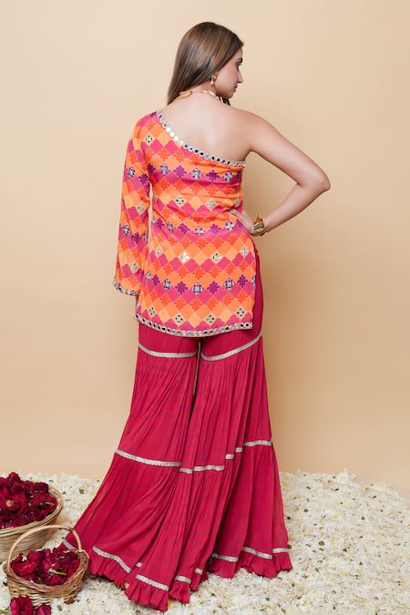 Shop_Sajeda A Lehry_Red Silk, Georgette Embroidery One Shoulder Designer Kurta And Sharara Set _at_Aza_Fashions