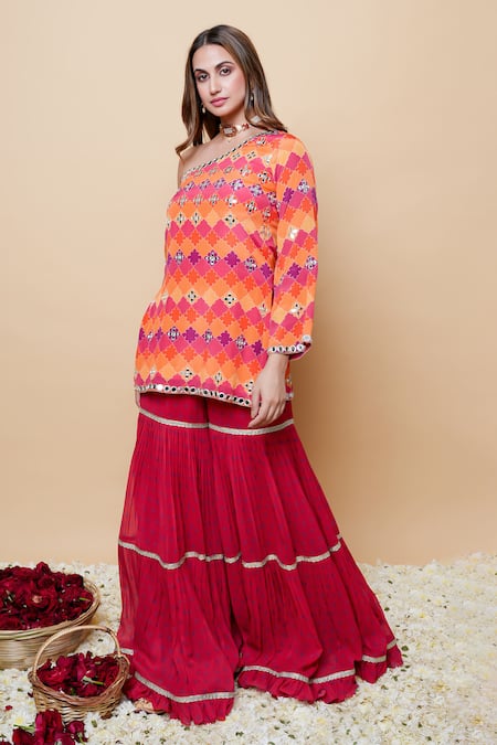 Buy_Sajeda A Lehry_Red Silk, Georgette Embroidery One Shoulder Designer Kurta And Sharara Set _Online_at_Aza_Fashions