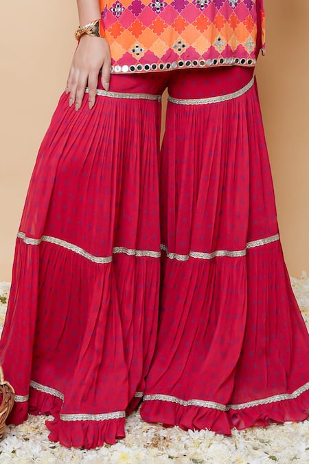 Shop_Sajeda A Lehry_Red Silk, Georgette Embroidery One Shoulder Designer Kurta And Sharara Set _Online_at_Aza_Fashions