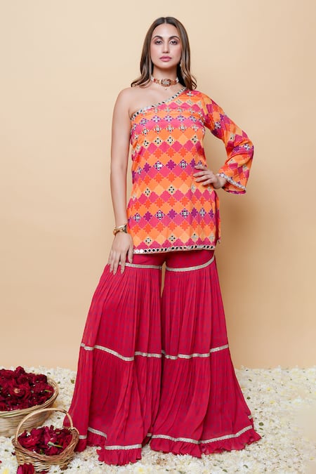 Sajeda A Lehry_Red Silk, Georgette Embroidery One Shoulder Designer Kurta And Sharara Set _at_Aza_Fashions