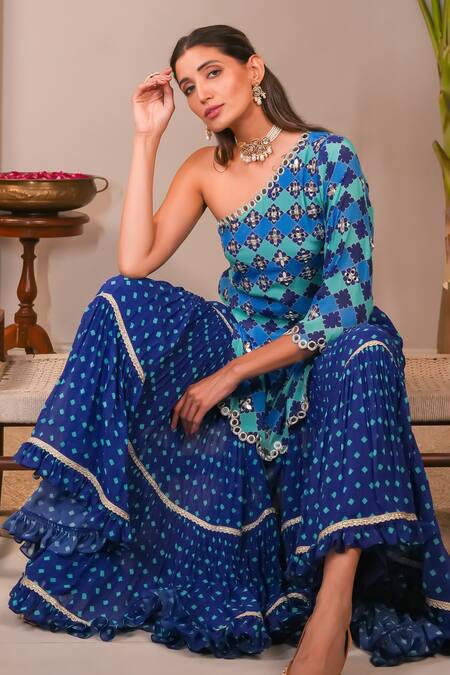 Buy_Sajeda A Lehry_Blue Silk, Georgette, Crepe Sequins, Embroidery Miraya Kurta And Sharara Set_Online_at_Aza_Fashions