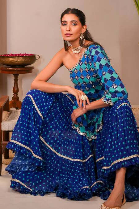 Shop_Sajeda A Lehry_Blue Silk, Georgette, Crepe Sequins, Embroidery Miraya Kurta And Sharara Set_Online_at_Aza_Fashions