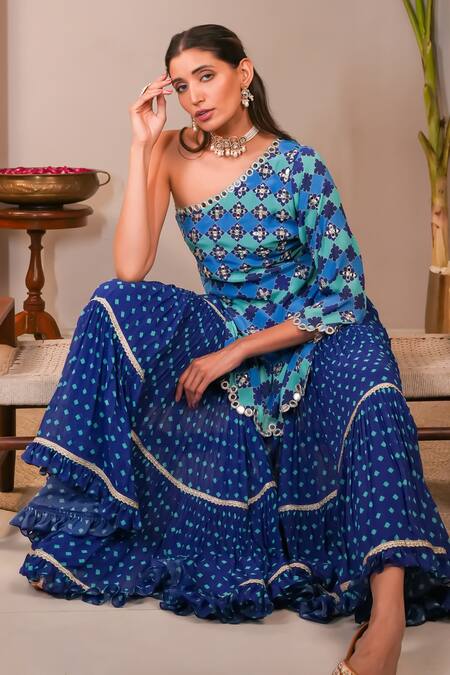Buy_Sajeda A Lehry_Blue Silk, Georgette, Crepe Sequins, Embroidery Miraya Kurta And Sharara Set