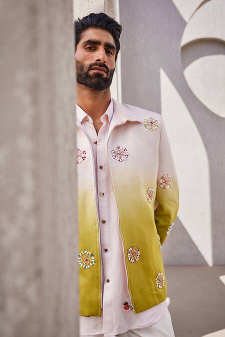 Yajy By Aditya Jain_Pink Silk, Linen Sequins Celestial Snow Indo-western Set _Online_at_Aza_Fashions