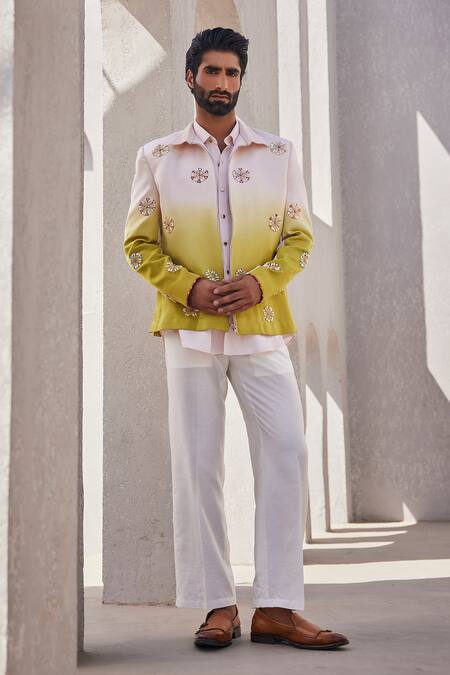 Yajy By Aditya Jain_Pink Silk, Linen Sequins Celestial Snow Indo-western Set _at_Aza_Fashions