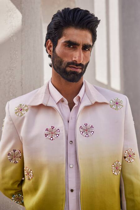 Buy_Yajy By Aditya Jain_Pink Silk, Linen Sequins Celestial Snow Indo-western Set 